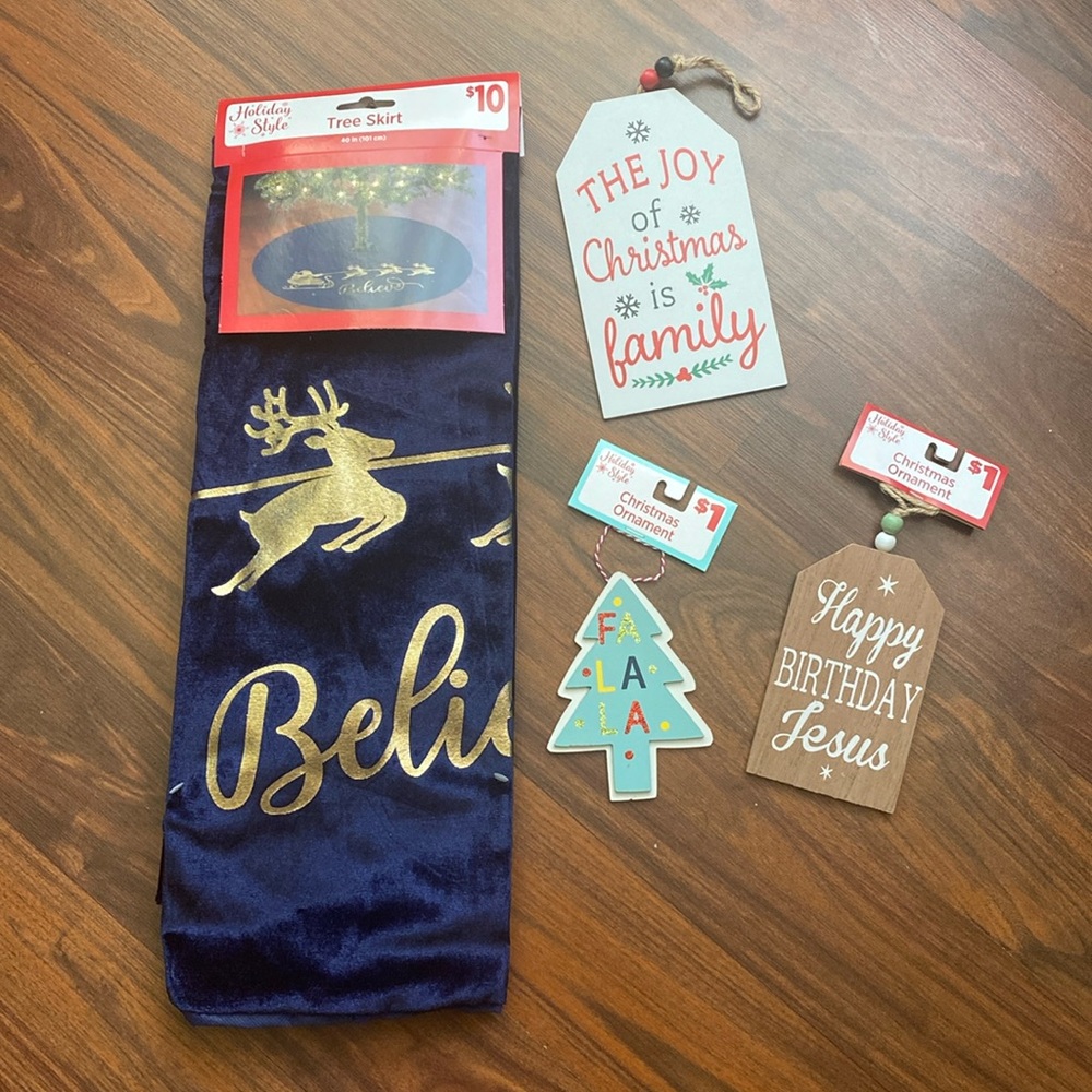 Holiday Style Christmas tree skirt and three Christmas ornaments